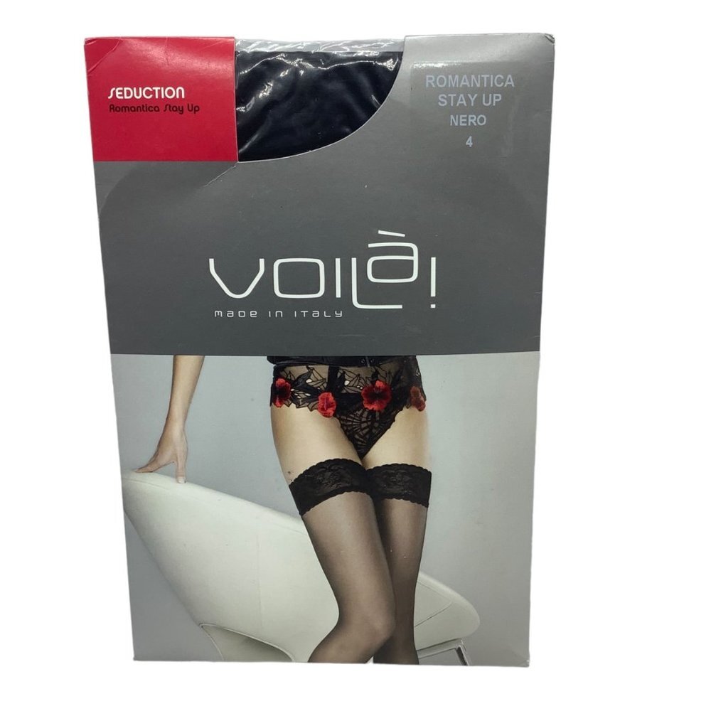Voila Romantica Stay Up Thigh Highs Stockings Black NEW Made in Italy Size 4‎